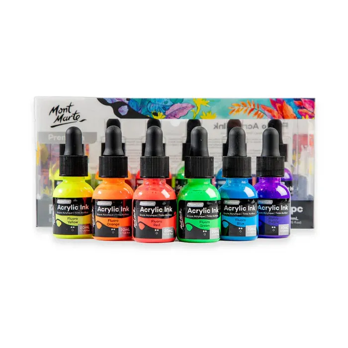 Mont Marte Fluoro Acrylic Ink Premium 6pc x 20ml Mont Marte Fluoro Acrylic Ink Premium 6pc x 20ml